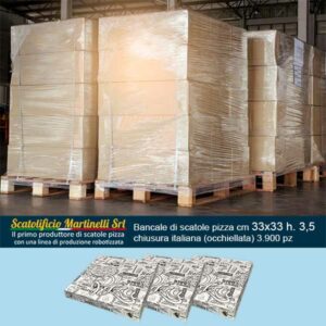 Scatolificio Martinelli Srl: bancale di scatole pizza cm 33x33 h. 3,5 con chiusura Italiana (occhiellata) 3.900 pz