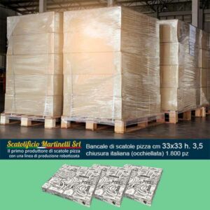 Scatolificio Martinelli Srl: bancale di cartoni pizza cm 33x33 h. 3,5 con chiusura Italiana (occhiellata) 1.800 pz