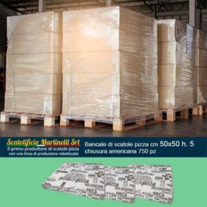 Scatolificio Martinelli Srl: bancale di cartoni porta pizza d'asporto cm 50x50 h. 5 con chiusura americana 750 pz